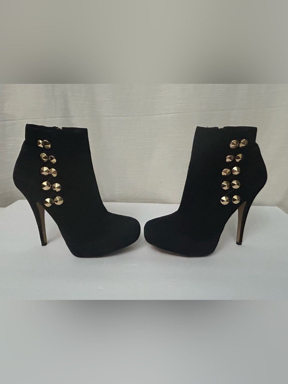 Vince Camuto Black "Jardine" Stiletto Suede Ankle Boots with Gold‎ Studs